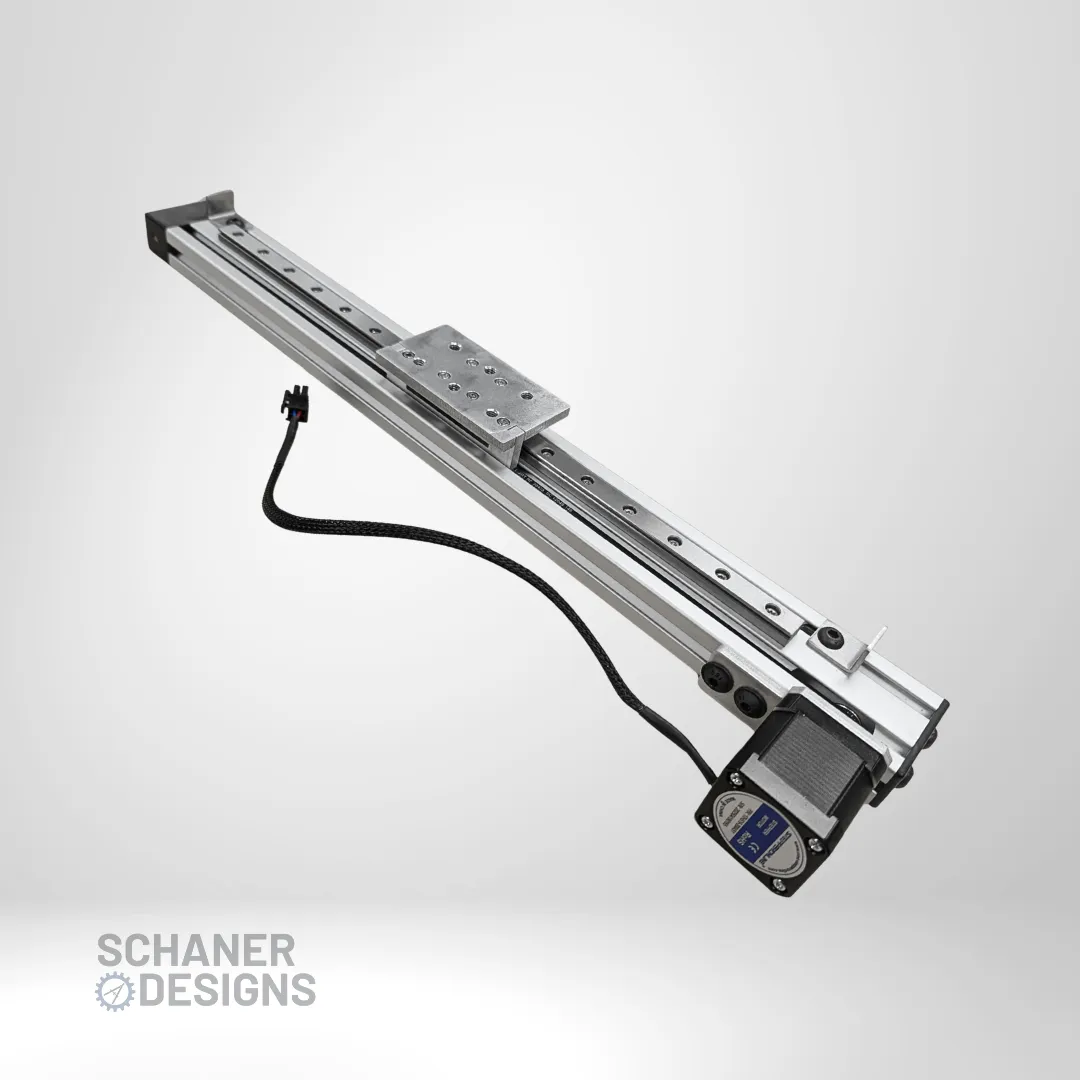 SDLA-1020 belt-driven linear actuator with a 350mm stroke, NEMA 17 stepper, and T-slot mounting faces