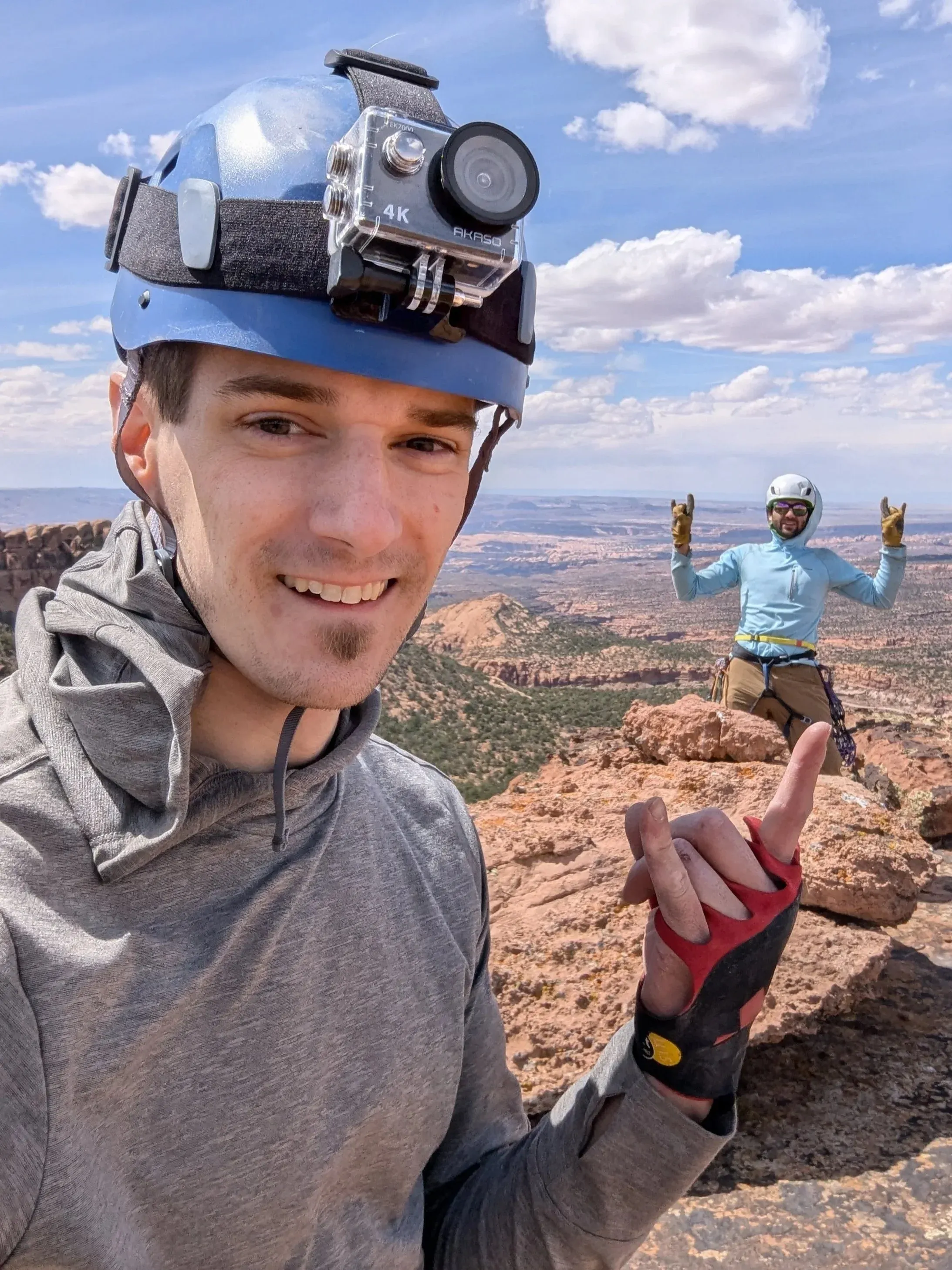 Dan Schaner on a desert climbing trip, wearing a helmet camera